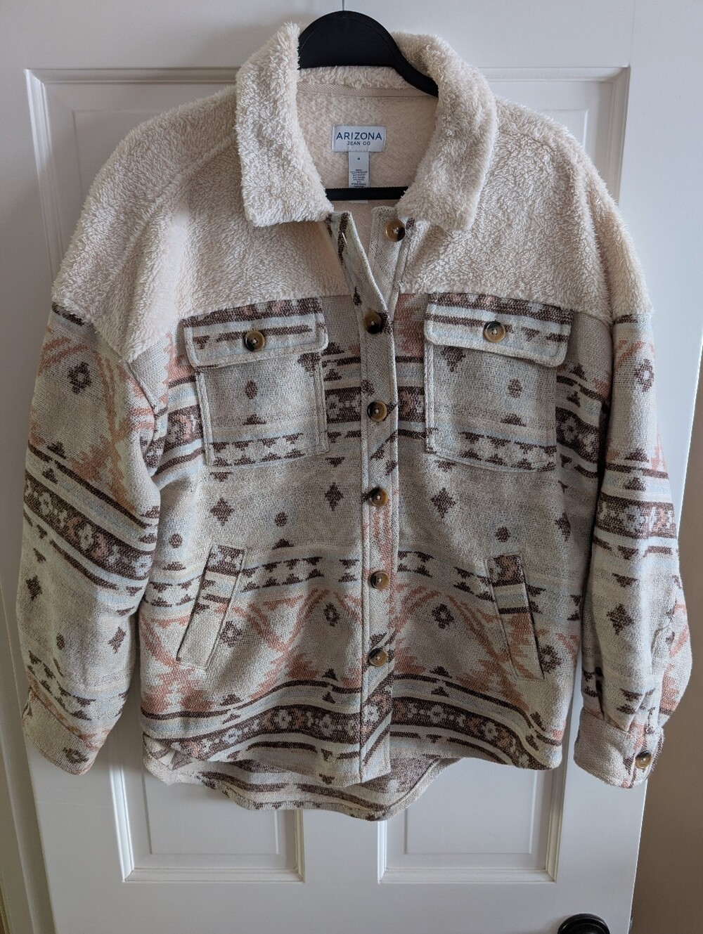 Arizona Jean Company Cream & Brown Patterned Sherpa Jacket